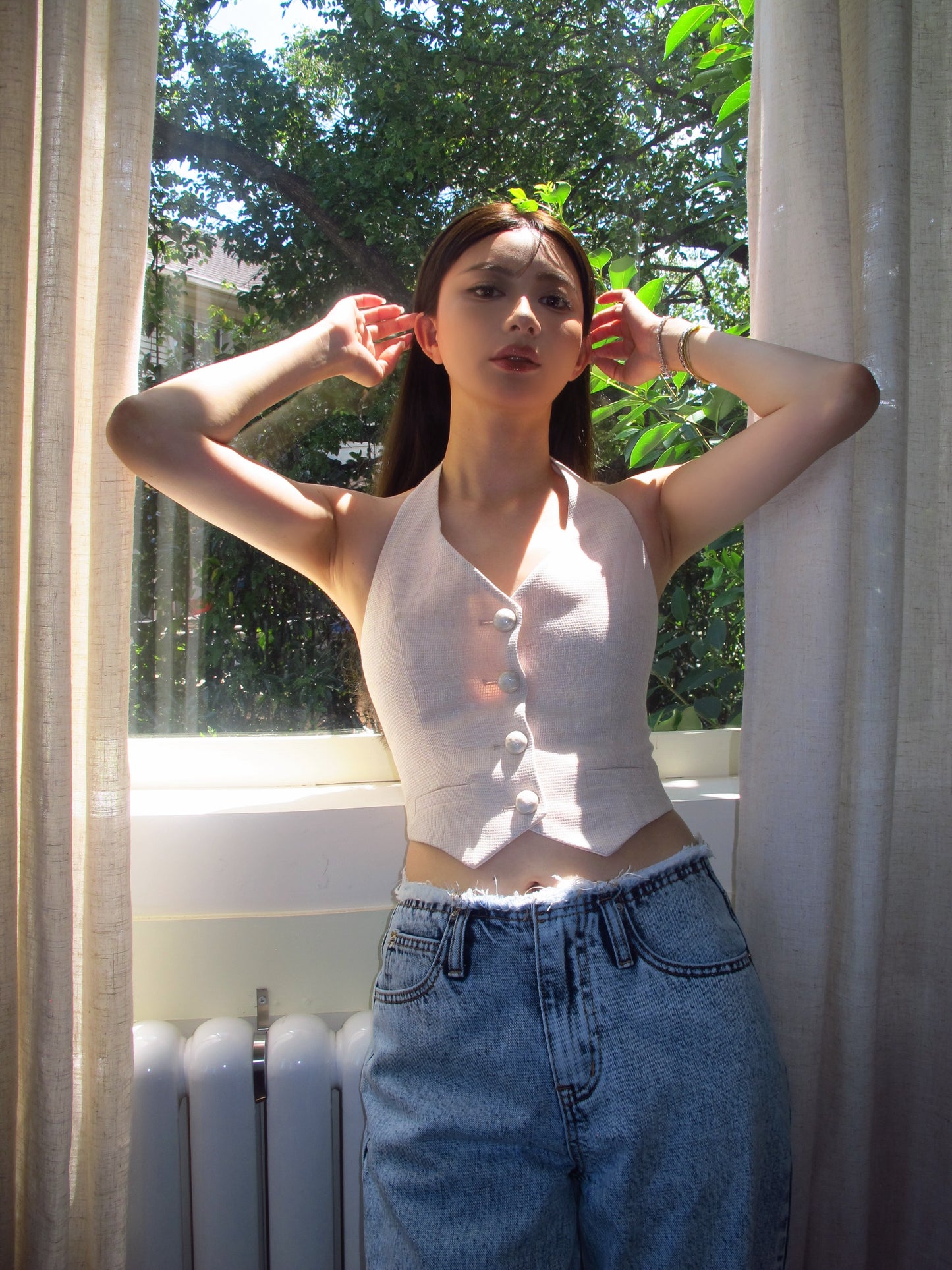 Cherry tweed neck top