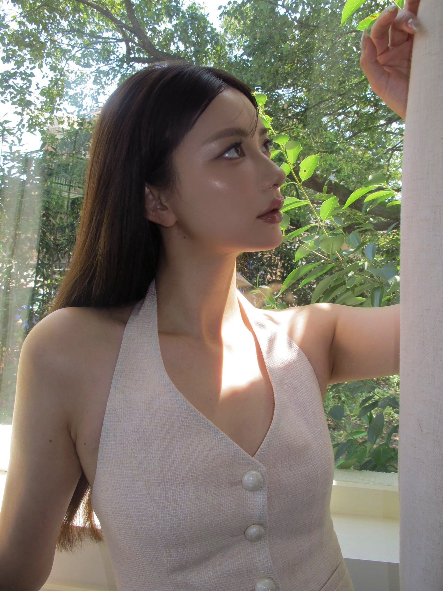 Cherry tweed neck top